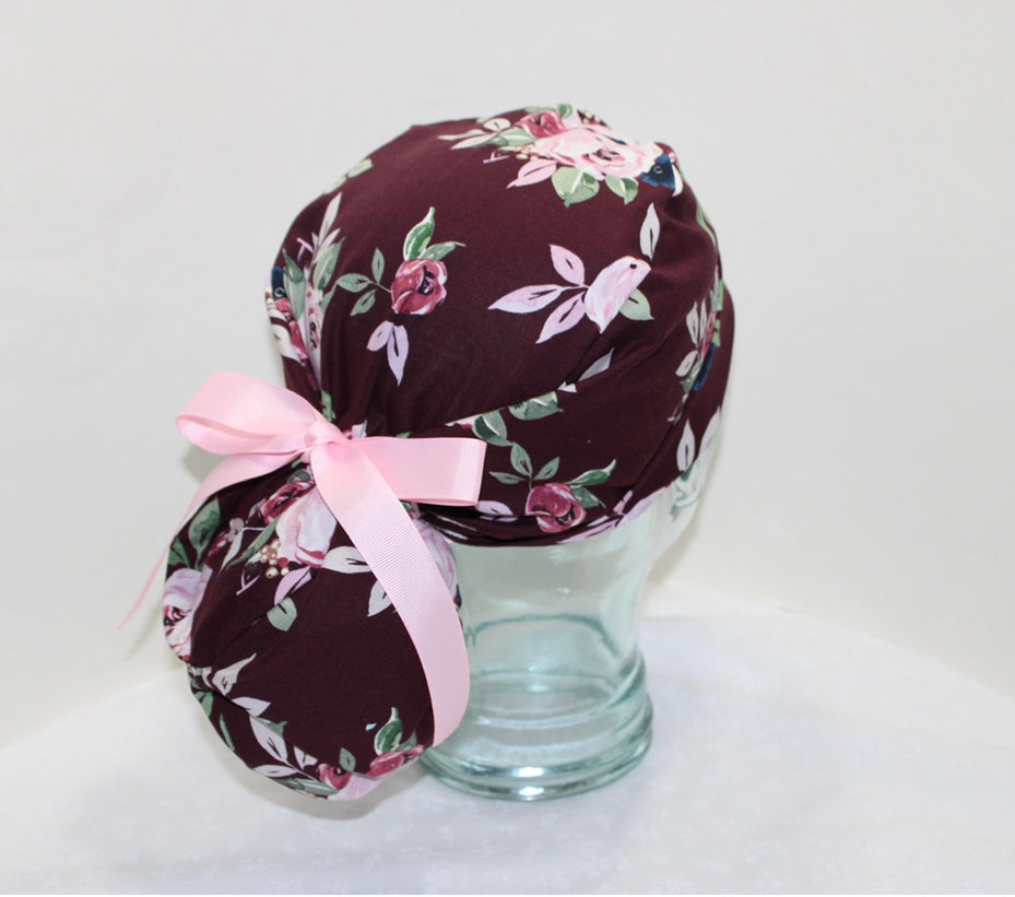 Ponytail SurgicalScrub Hat-Piper Floral-CHOOSE YOUR TIES Hand Made Item by Ava Greys Designs