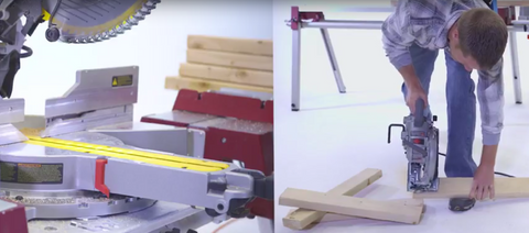 CutHub industrial miter saw table in action next to traditional skill saw