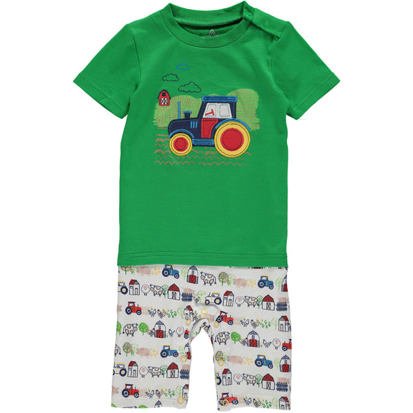 baby romper green tee tractor embroidered farm print shorts barn cows trees chickens pigs