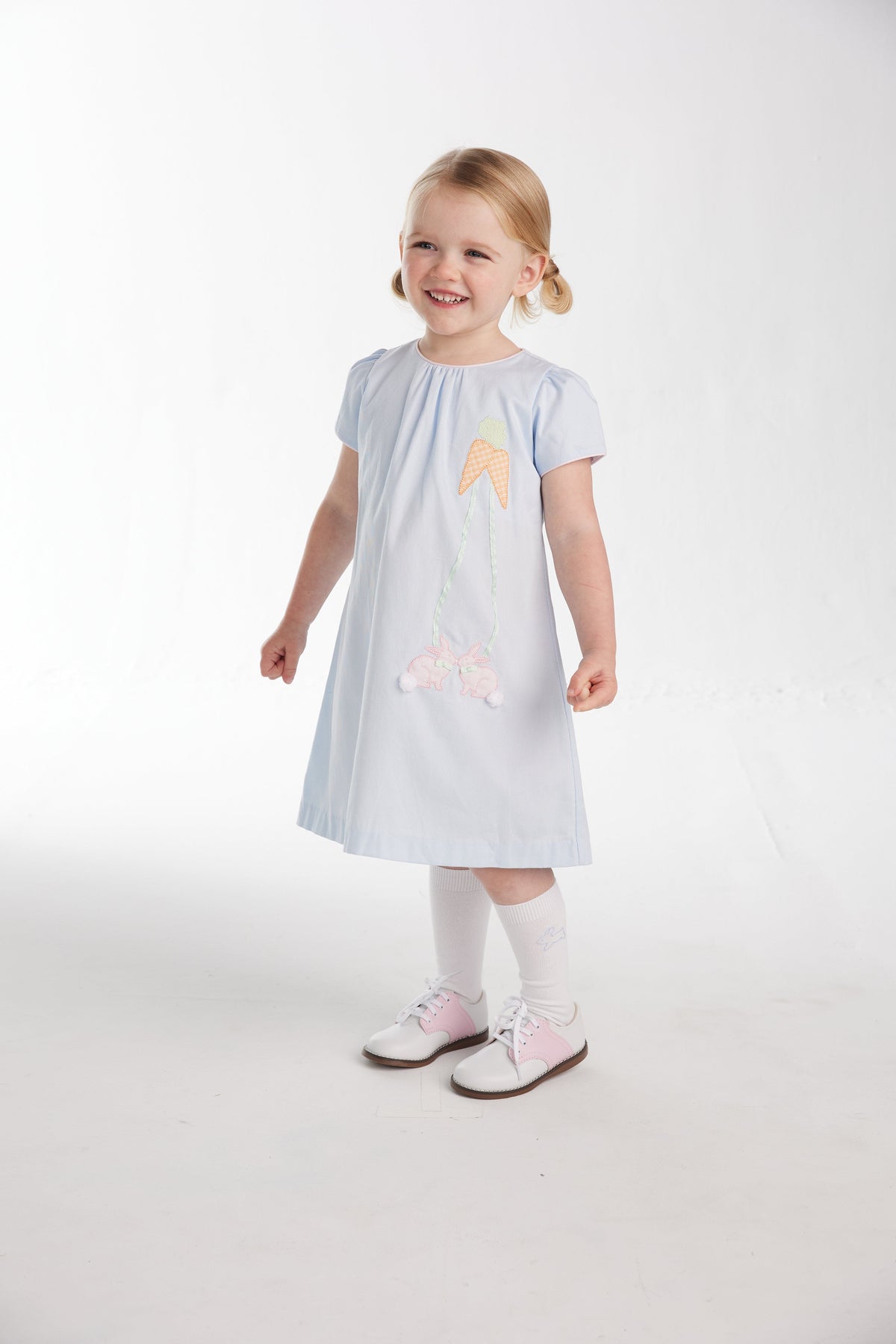 benton dress light blue pique with applique bunny and carrots