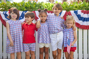 classic childrens clothing boys button down collared shirt with red white and blue gingham