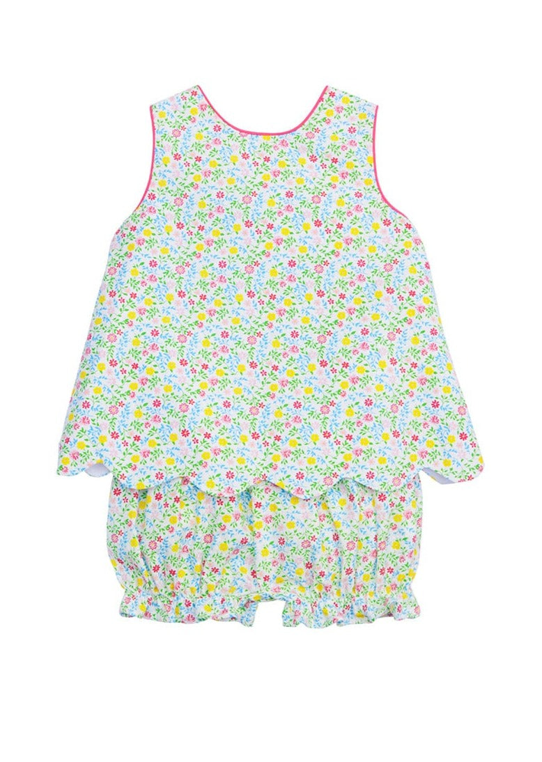 classic childrens clothing floral bloomer set with hot pink piping and scallop hem