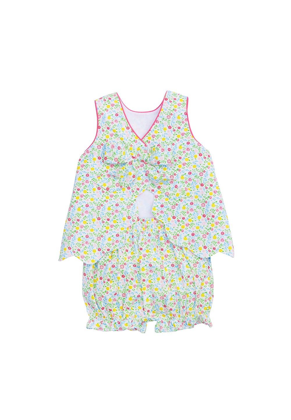 classic childrens clothing floral bloomer set with hot pink piping and scallop hem