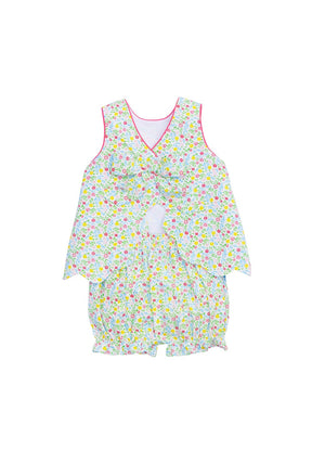 classic childrens clothing floral bloomer set with hot pink piping and scallop hem