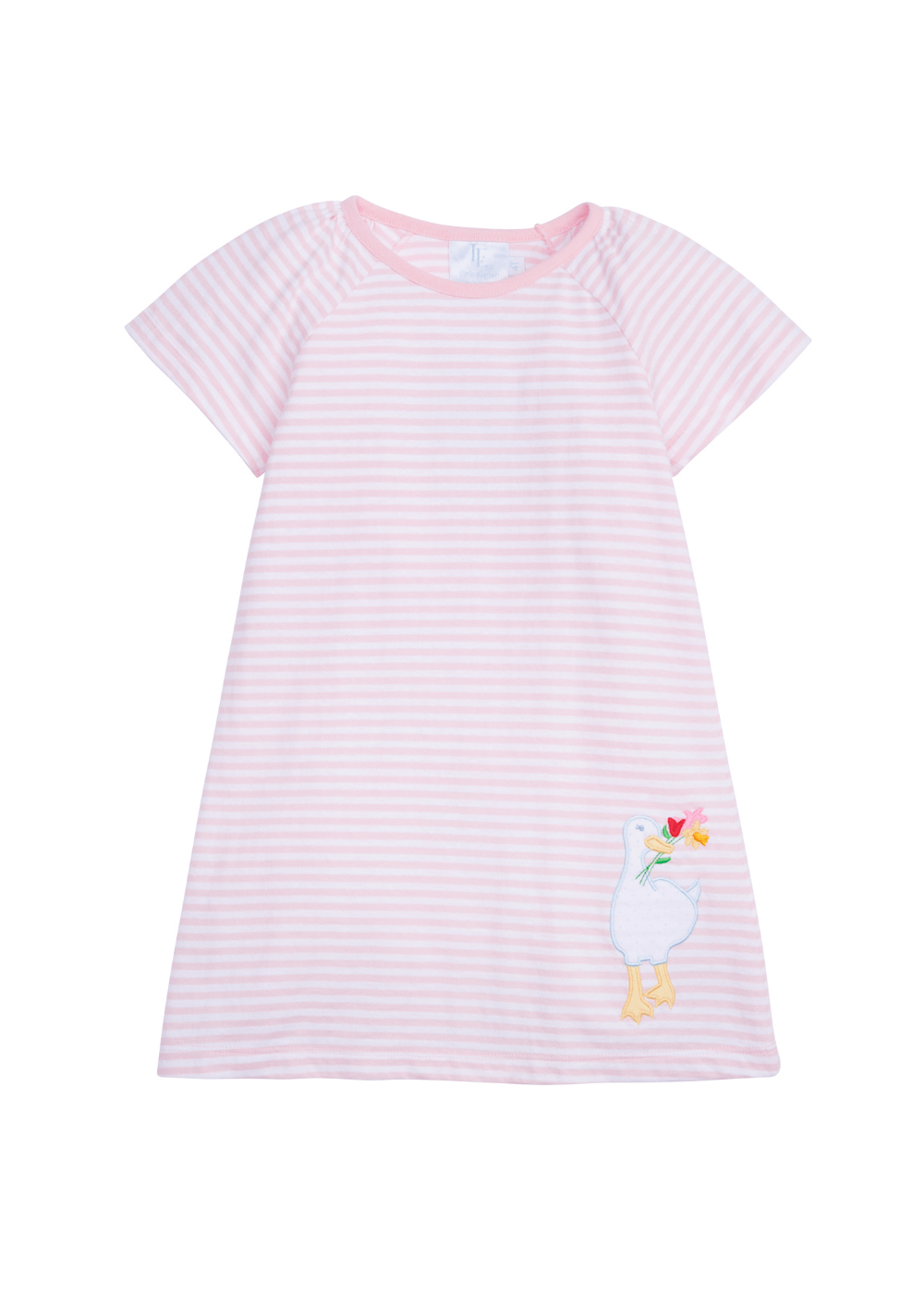 classic childrens clothing girls pink and white striped dress with duck applique
