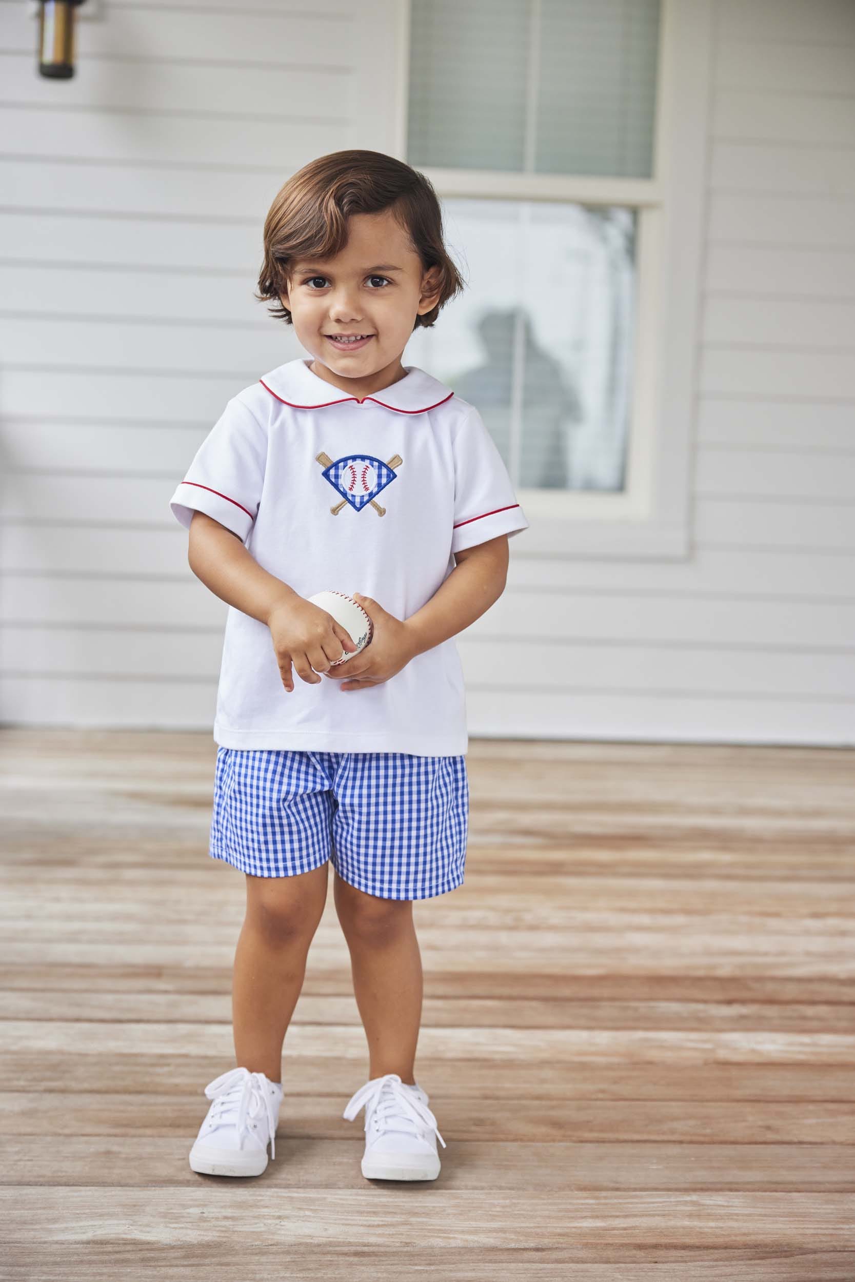 classic childrens clothing boy peter pan short set with blue gingham shorts and piped peter pan shirt with baseball applique