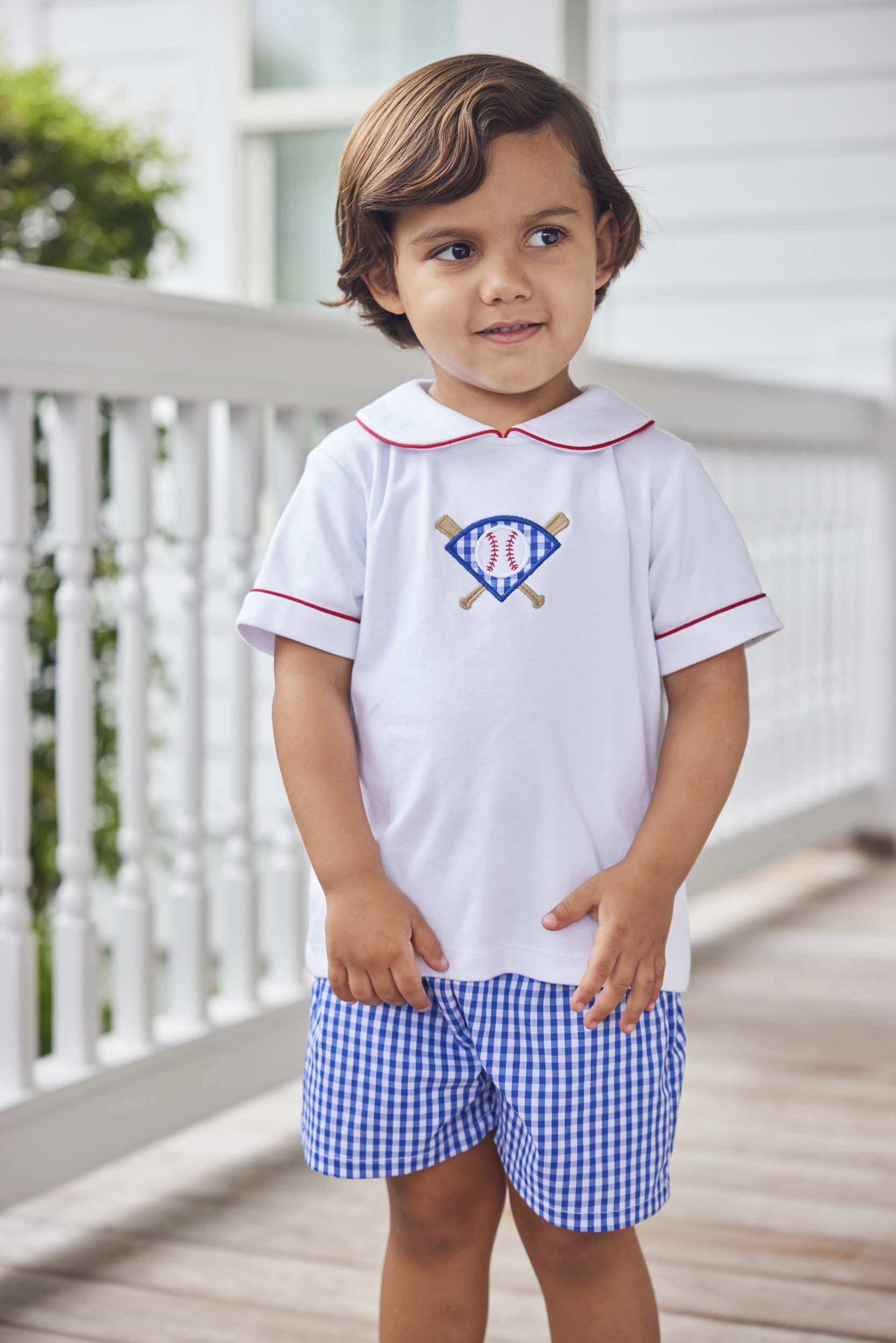 classic childrens clothing boy peter pan short set with blue gingham shorts and piped peter pan shirt with baseball applique