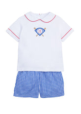 classic childrens clothing boy peter pan short set with blue gingham shorts and piped peter pan shirt with baseball applique