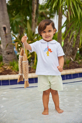 classic childrens clothing boy short set with green gingham shorts and white peter pan shirt with applique fish 