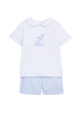 classic childrens clothing boys short set with light blue gingham shorts and piped peter pan shirt with bunny applique