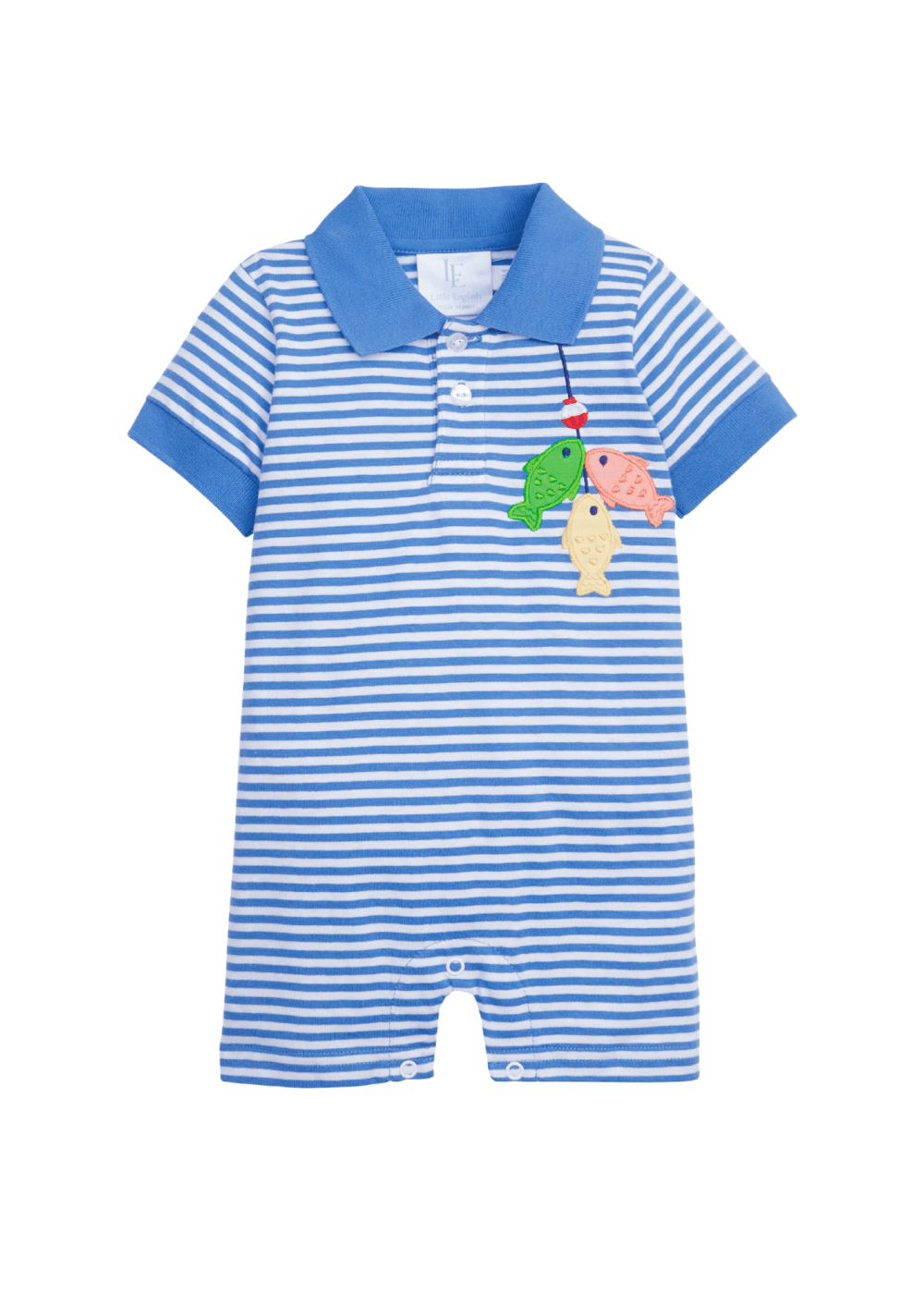classic childrens clothing boys blue and white striped polo romper with applique fish