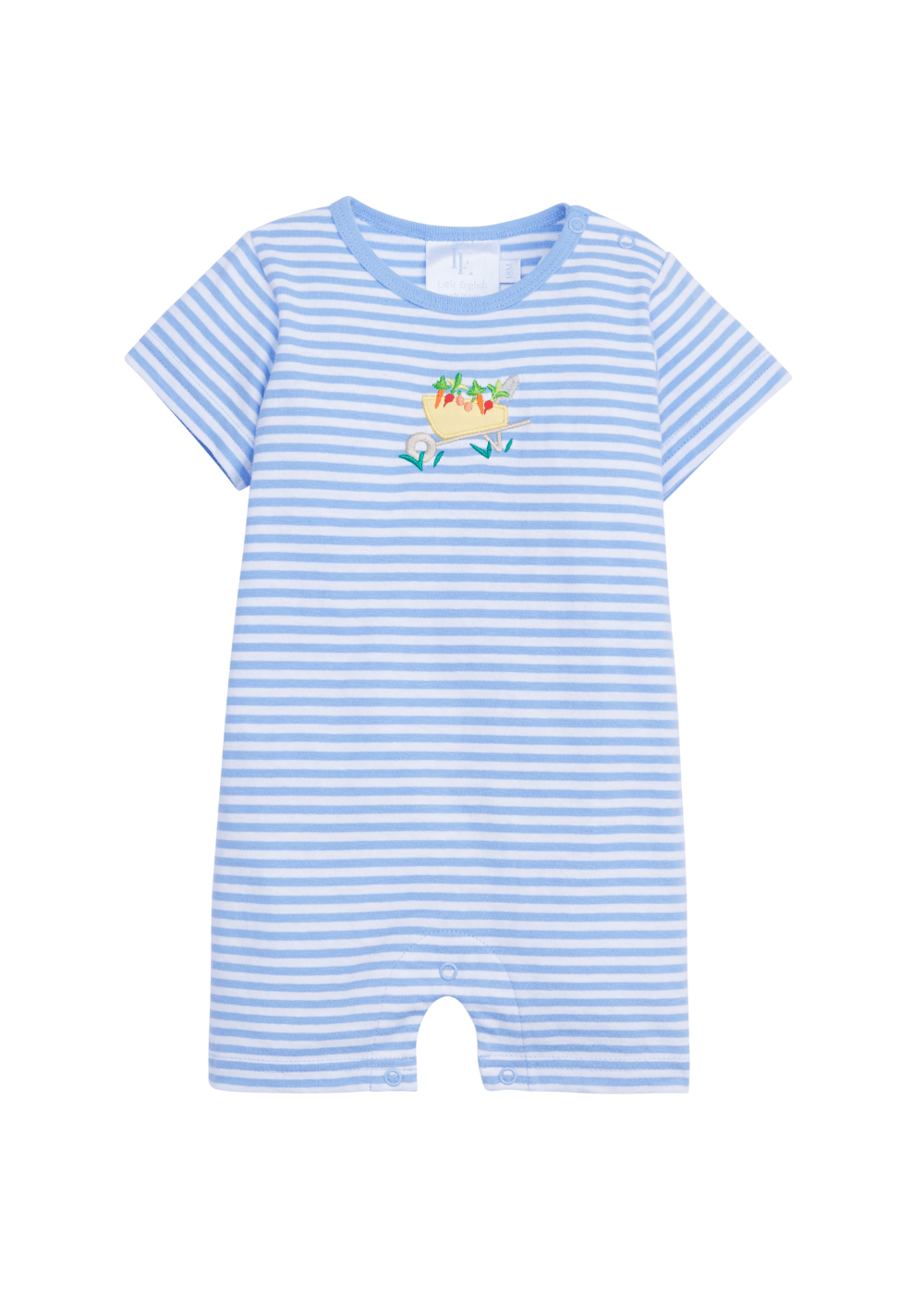 classic childrens clothing girls blue and white striped romper with wheelbarrow applique
