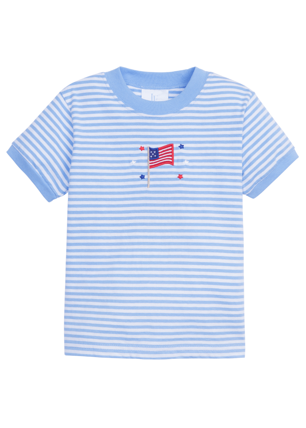 classic childrens clothing boys blue and white striped t-shirt with american flag applique