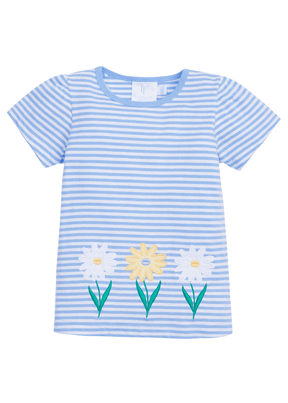 classic childrens clothing girls blue and white striped t-shirt with yellow and white daisies