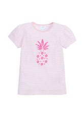 classic childrens clothing girls pink and white striped t-shirt with embroidered pink and white pineapple