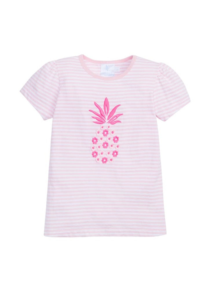 classic childrens clothing girls pink and white striped t-shirt with embroidered pink and white pineapple