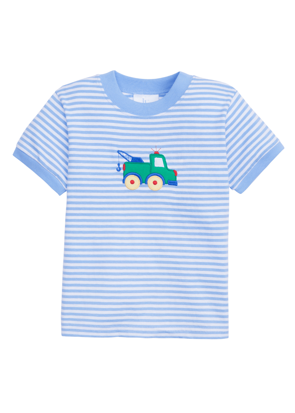classic childrens clothing boys blue and white striped t-shirt with applique tow truck