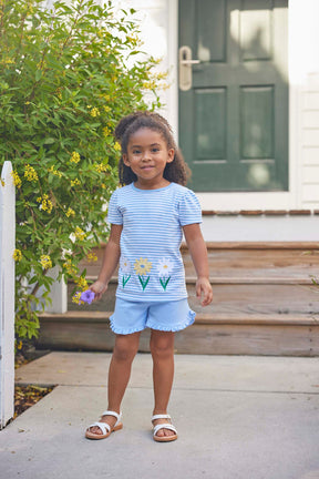 classic childrens clothing girls blue and white striped t-shirt with yellow and white daisies