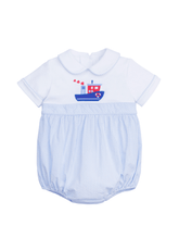 classic childrens clothing boys apron bubble with blue gingham bottom and knit top with applique heart tug boat