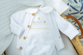 seguridadindustrialcr traditional baby clothing, signature white crochet sweater and playsuit with bee for baby