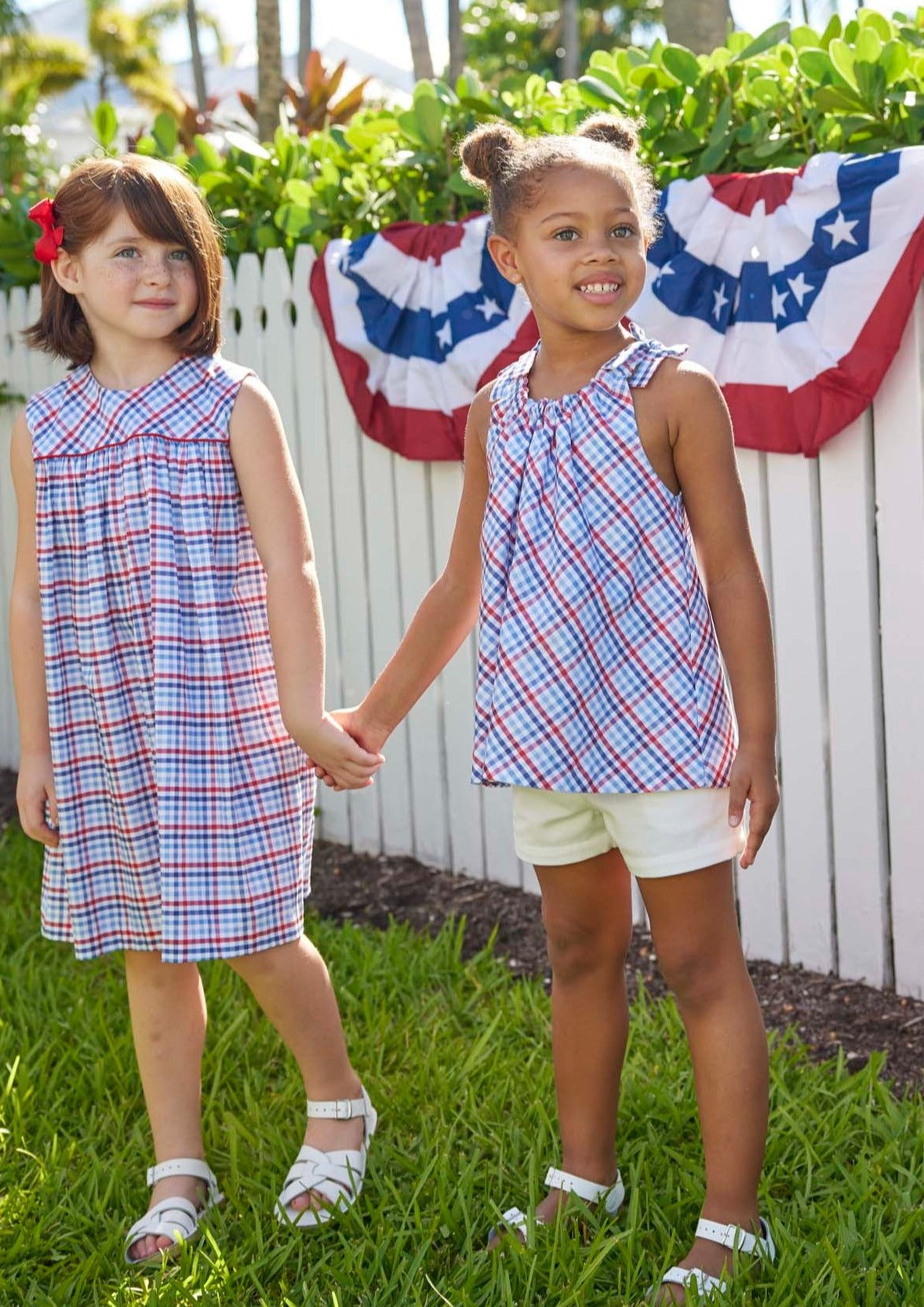 classic childrens clothing girls red white and blue gingham halter dress with red piping