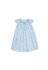 classic childrens clothing girls a line dress with pretty floral print with angel sleeves and berry crochet detail at chest
