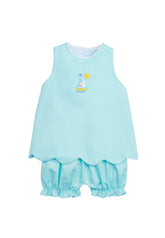 classic childrens clothing girls bloomer set in aqua with bow in the back and applique sailboat on chest