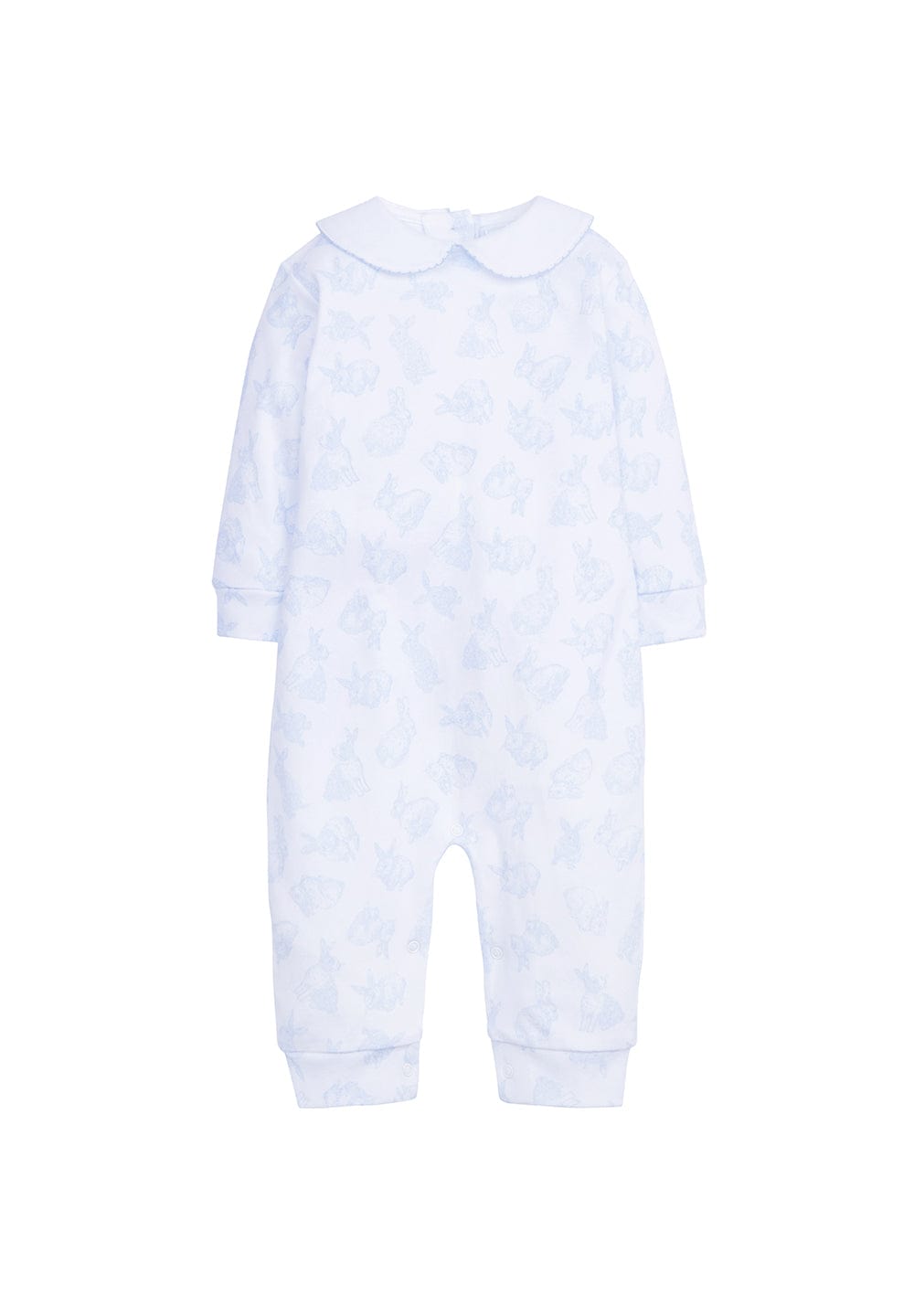 classic childrens clothing boys printed playsuit with peter pan collar and light blue bunny print