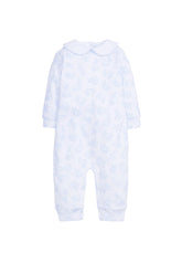 classic childrens clothing boys printed playsuit with peter pan collar and light blue bunny print