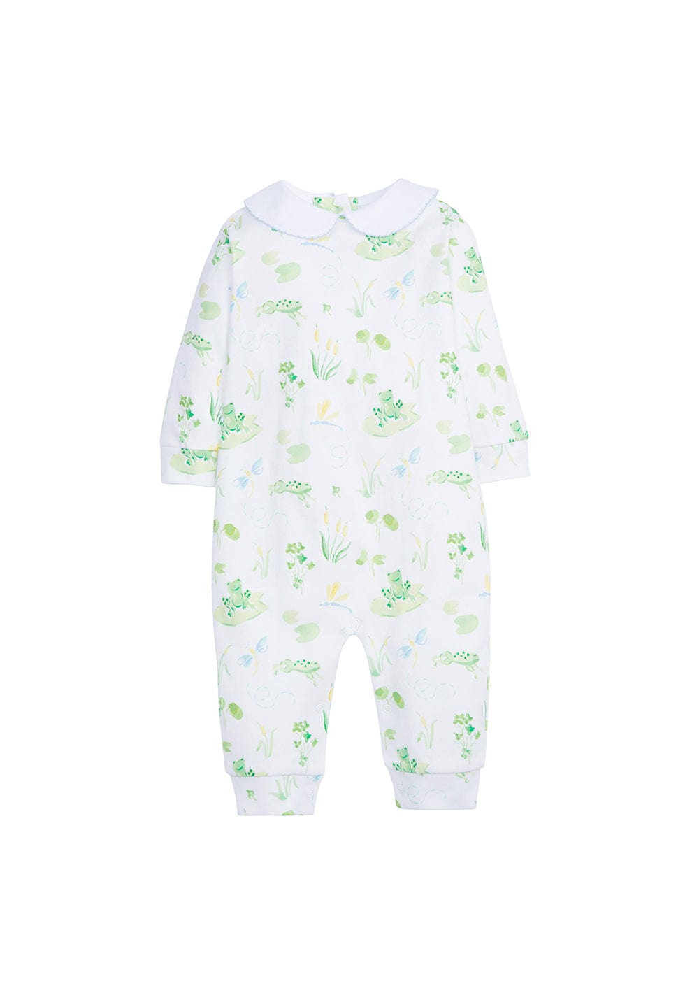 classic childrens clothing boys printed playsuit with peter pan collar and frog and lily pad pattern