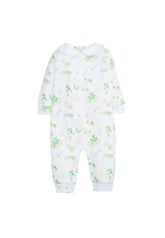 classic childrens clothing boys printed playsuit with peter pan collar and frog and lily pad pattern