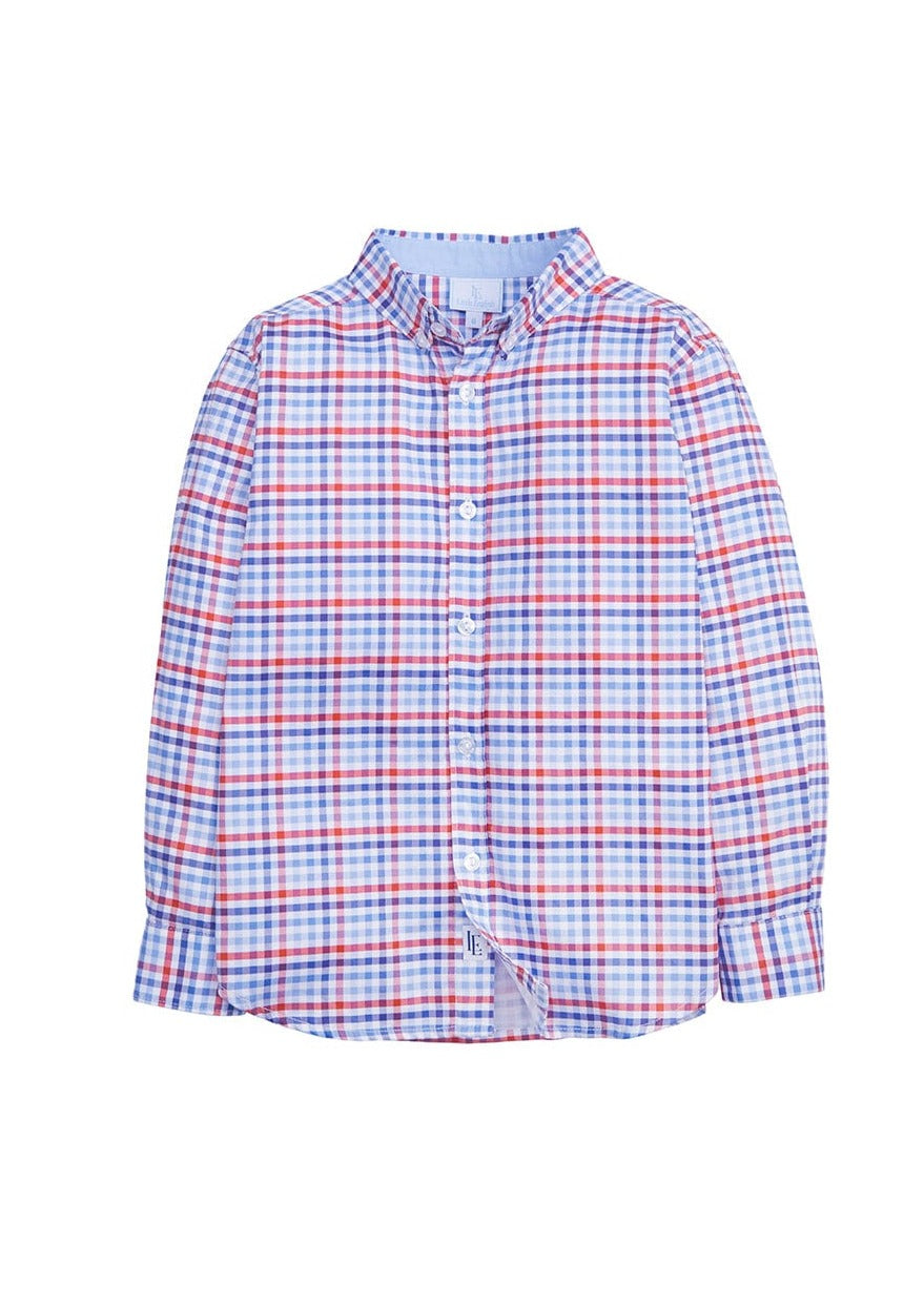 classic childrens clothing boys button down collared shirt with red white and blue gingham