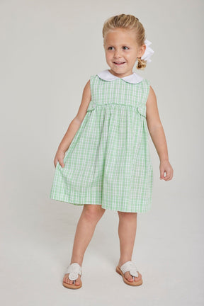 seguridadindustrialcr girl's green plaid sleeveless dress with white peter pan collar