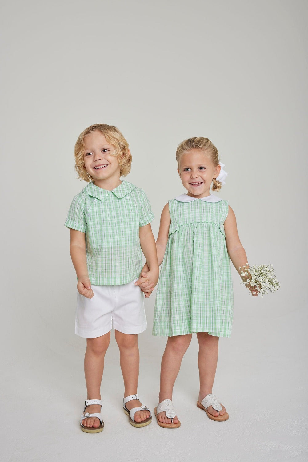 seguridadindustrialcr boy's two piece set, green plaid peter pan collar shirt with white shorts