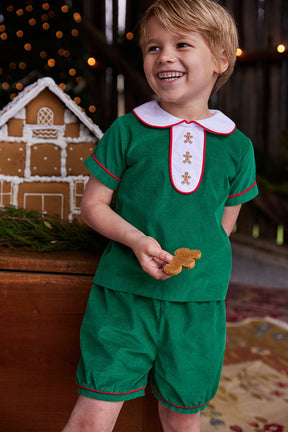 classic childrens clothing evergreen corduroy shirt and short set with gingerbread detail, peter pan collar, and red piping detailing