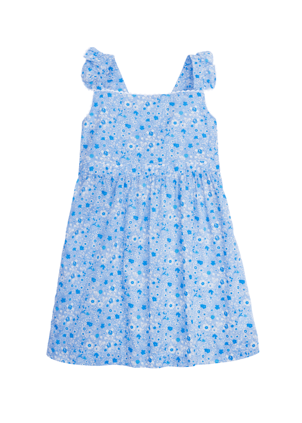 classic childrens clothing girls blue and white floral sundress with ruffled straps and ric rac trim