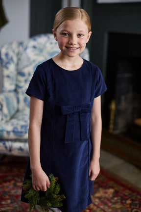 classic childrens clothing girls a line dress in navy with bow and piping detail