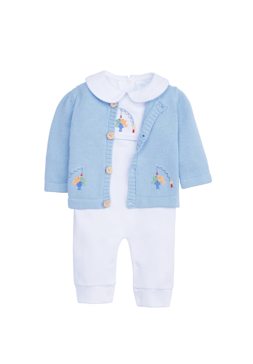 classic childrens clothing boys white playsuit with crochet fishing emblem and blue pique finish