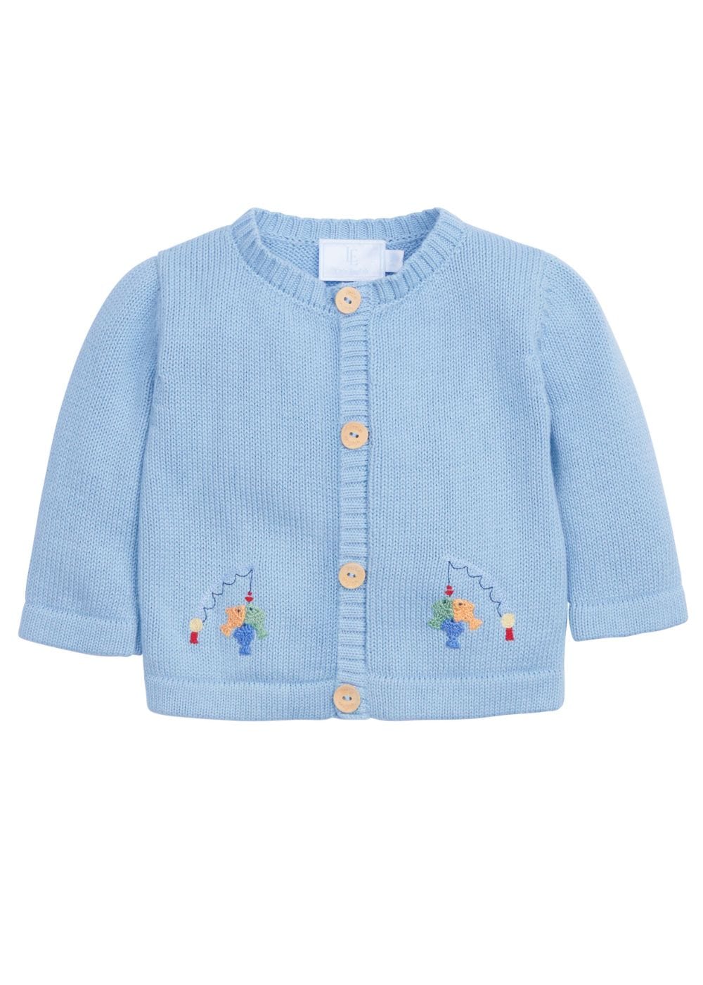 classic childrens clothing boys light blue sweater with crochet fishing emblem on front and back