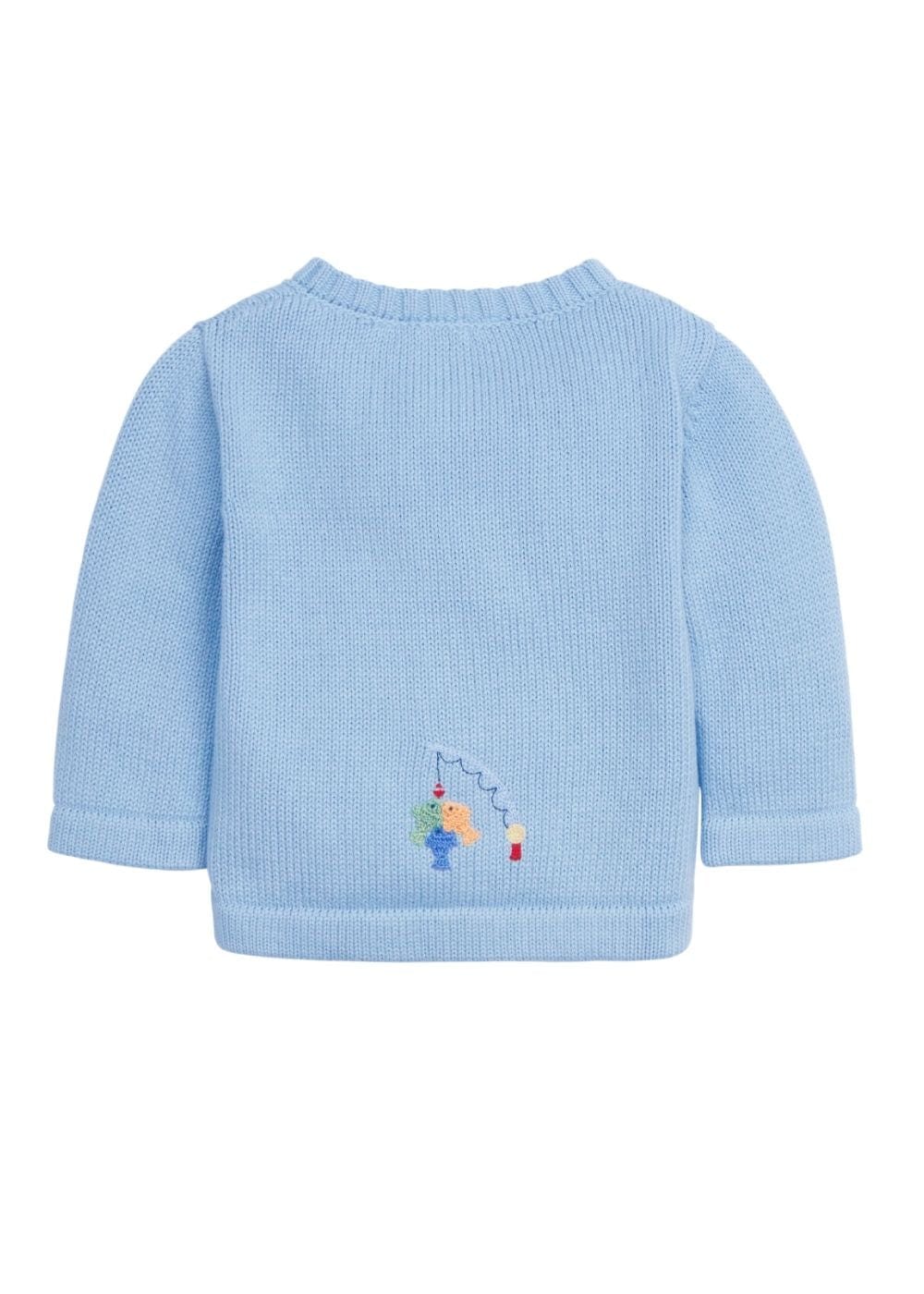 classic childrens clothing boys light blue sweater with crochet fishing emblem on front and back