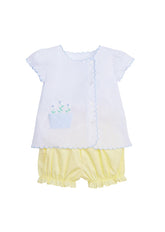 classic childrens clothing girls bloomer with with yellow bloomers and white button up blouse with daisy embroidery