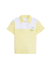 classic childrens clothing boys color block polo in white and yellow with embroidered sailboat 