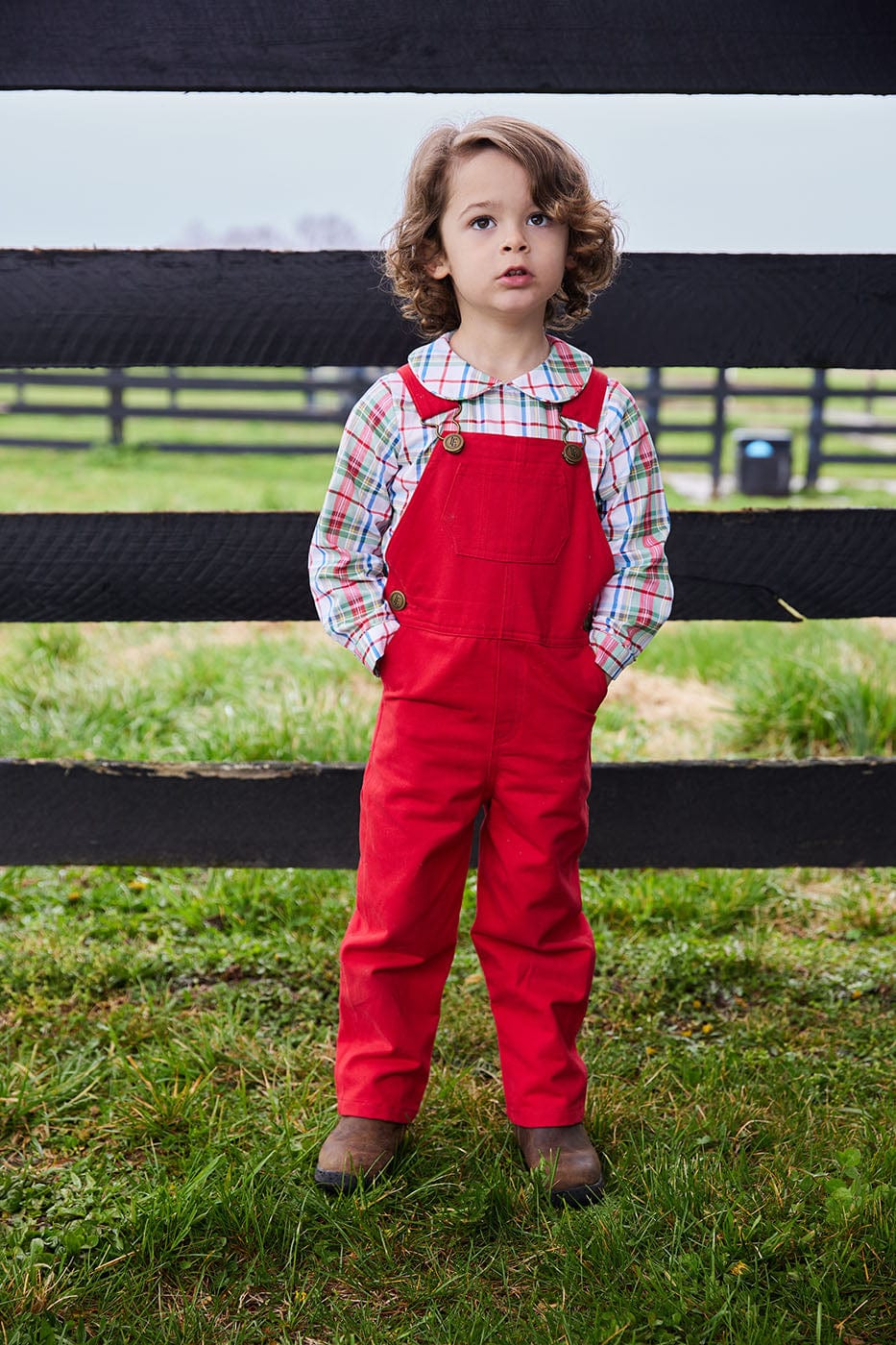 classic childrens clothing boys shirt in green and red plaid with peter pan collar