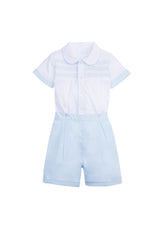 classic childrens clothing boys white and blue short set with blue shorts white peter pan collared button up with light blue embroidery