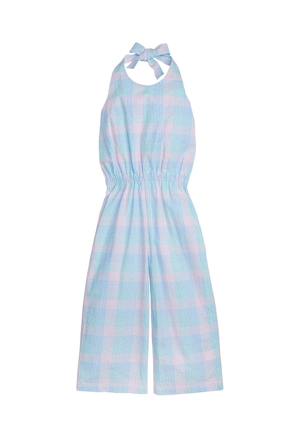 classic childrens clothing girls halter jumpsuit with flare legs in pink and blue plaid