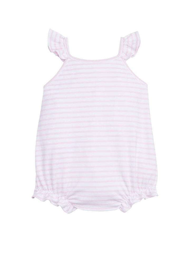 classic childrens clothing girls pink and white striped bubble with ruffle straps