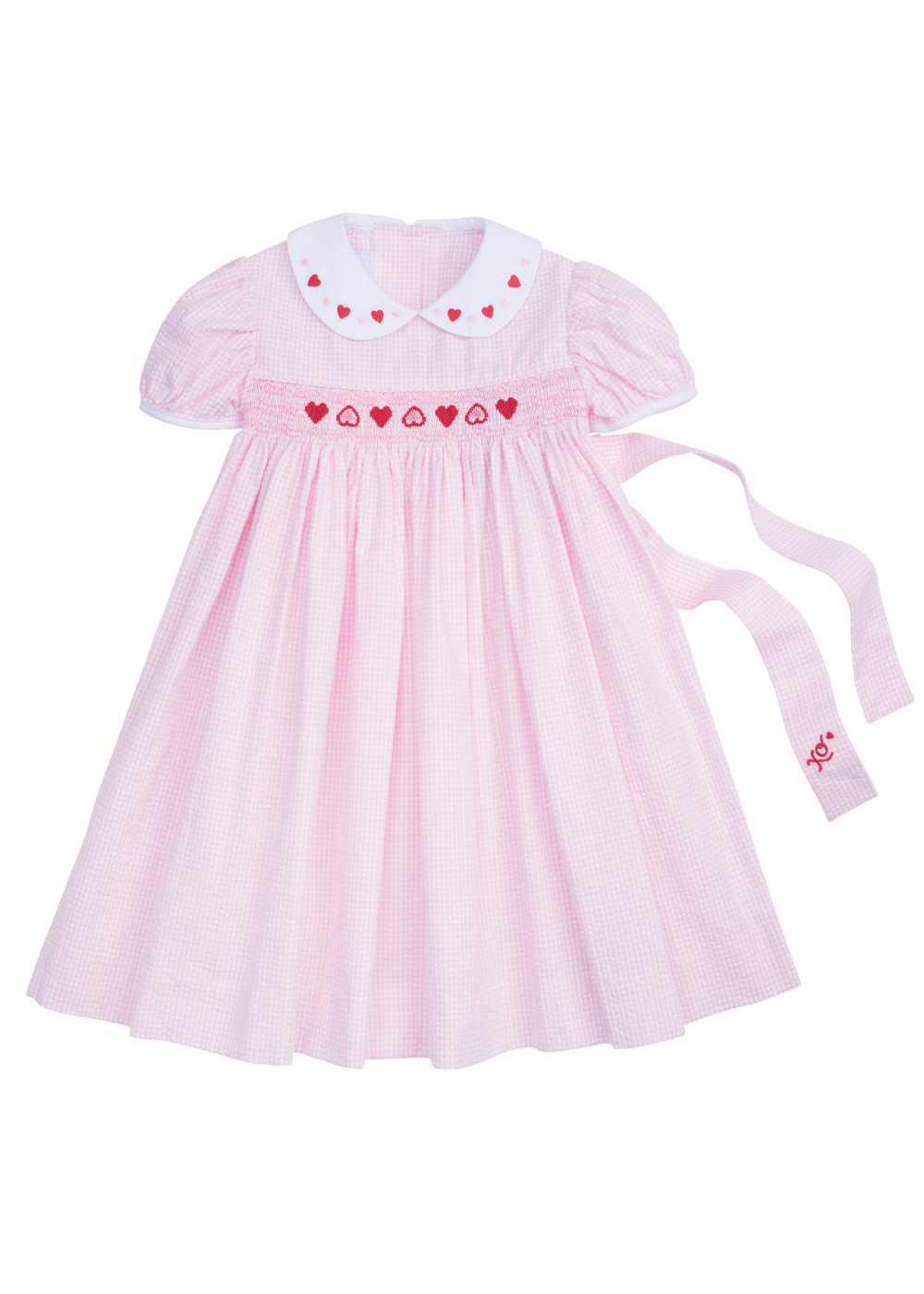 seguridadindustrialcr girl's pink seersucker dress with hearts smocking and embroidery at the collar