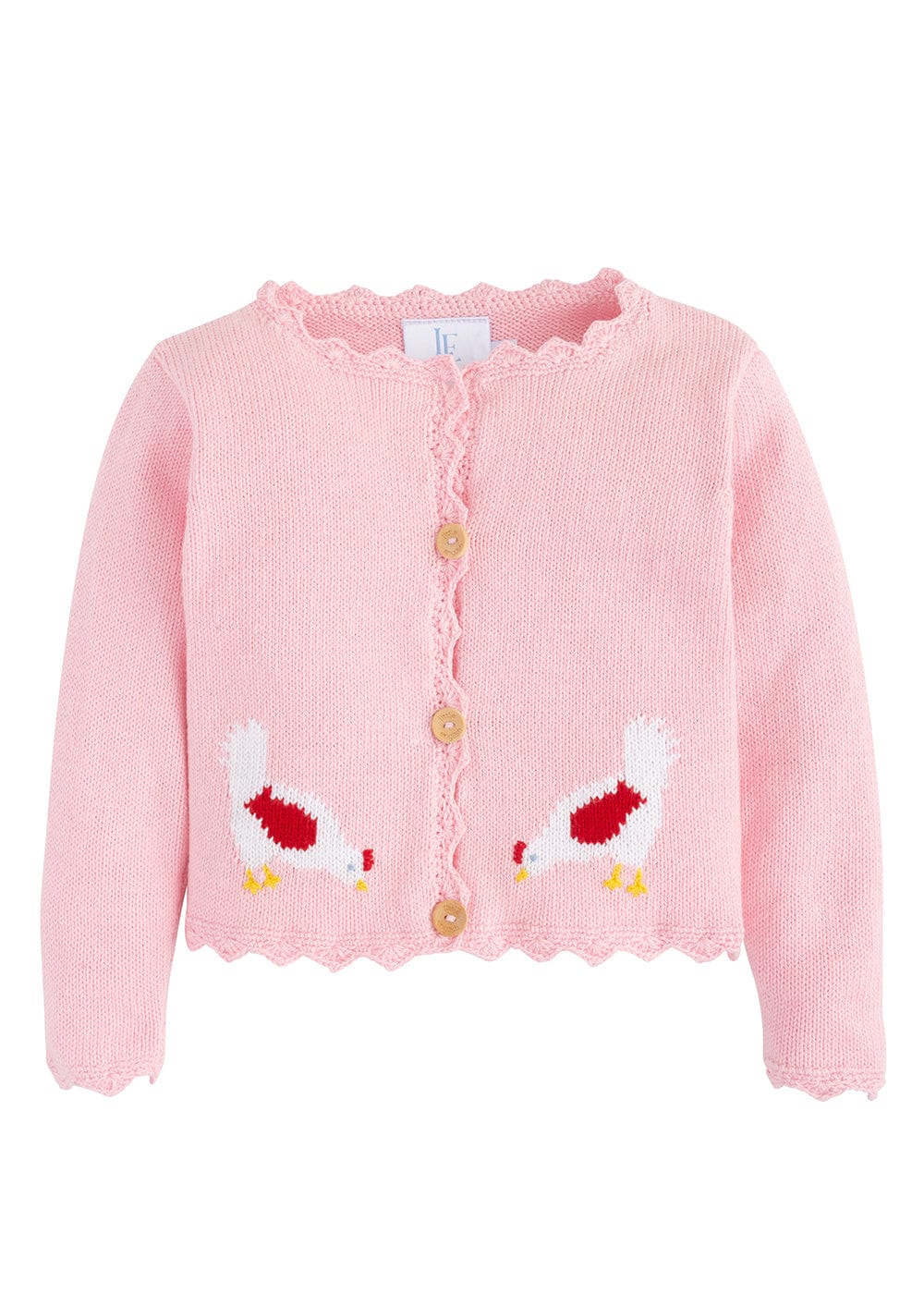 classic childrens clothing intarsia cardigan in light pink with chicken knit detail on front hem and back and ruffle detail