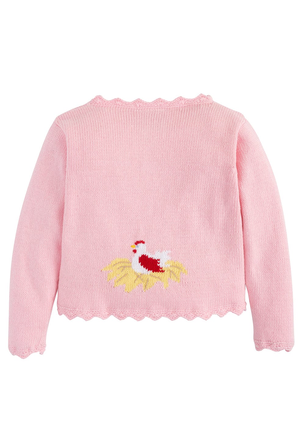 classic childrens clothing intarsia cardigan in light pink with chicken knit detail on front hem and back and ruffle detail