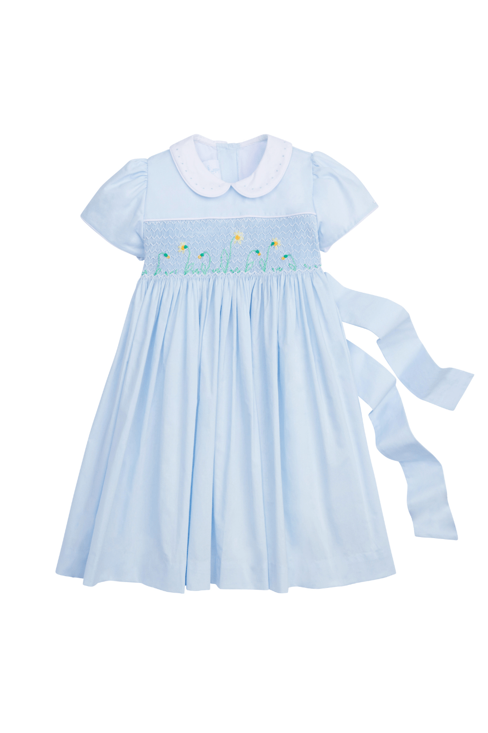 classic childrens clothing girls light blue dress with peter pan collar, daffodil smocking detail, and bow sash
